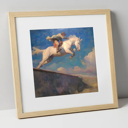 Skyward Bound show jumping horse art print in natural frame