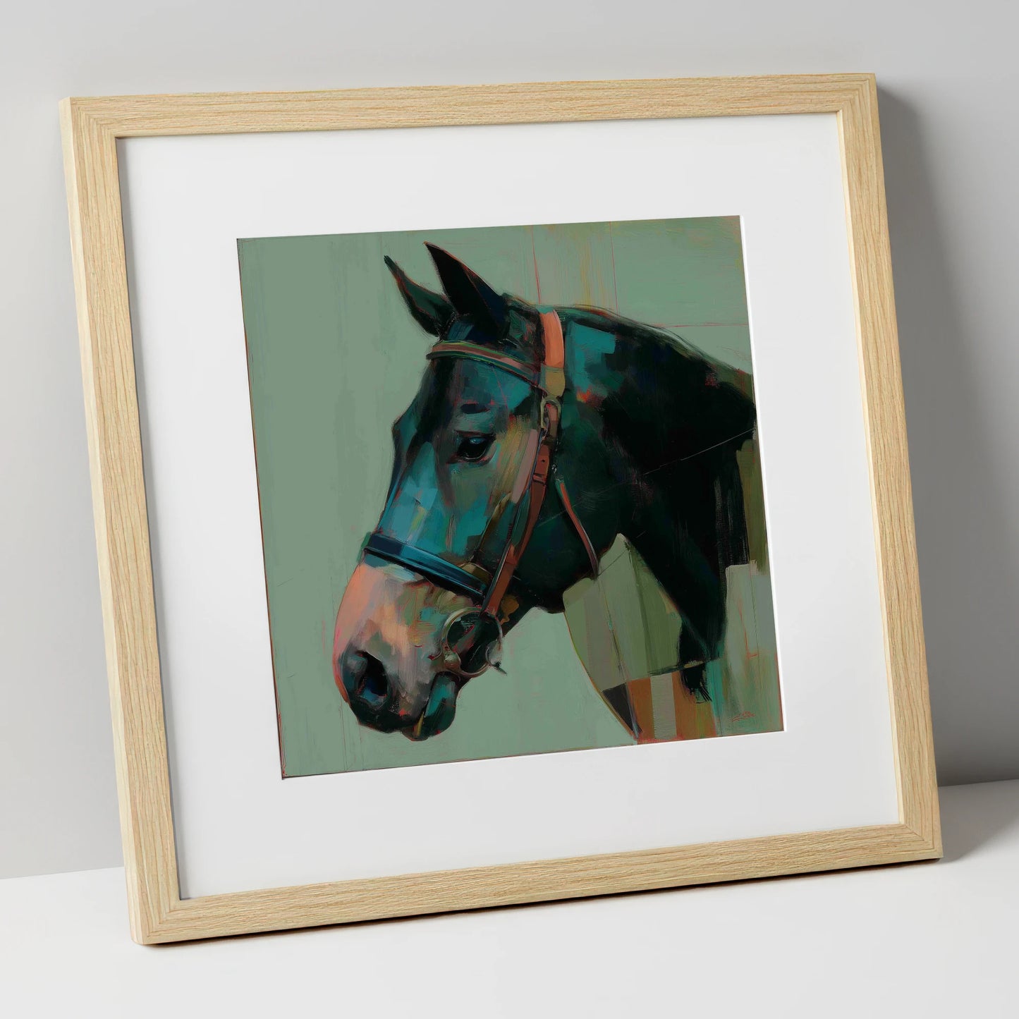 The Midnight Bridle horse portrait art print in natural frame