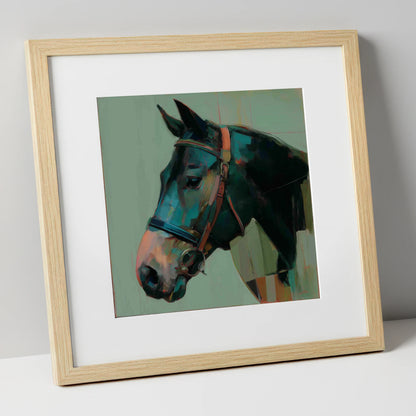 The Midnight Bridle horse portrait art print in natural frame