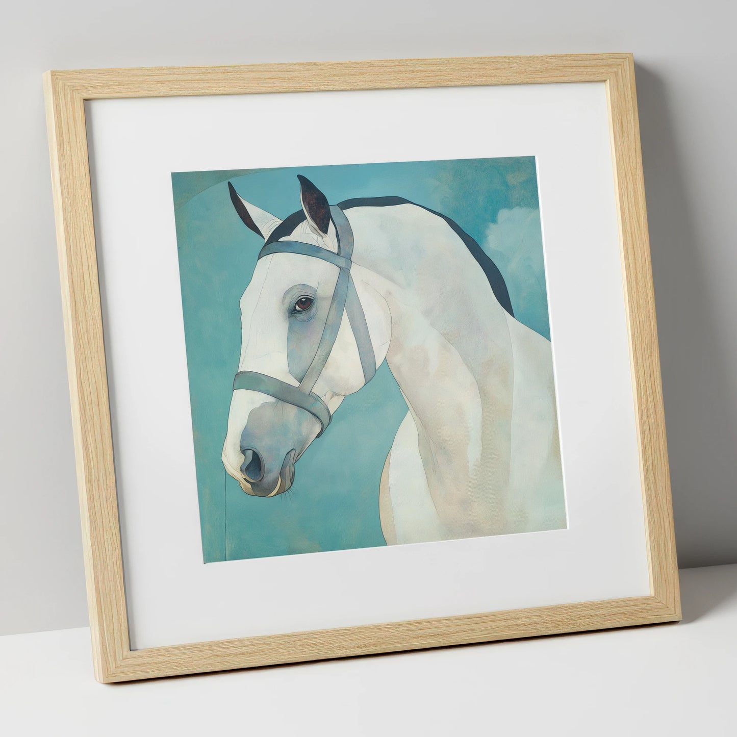 Serene Focus in Teal horse portrait art print in natural frame