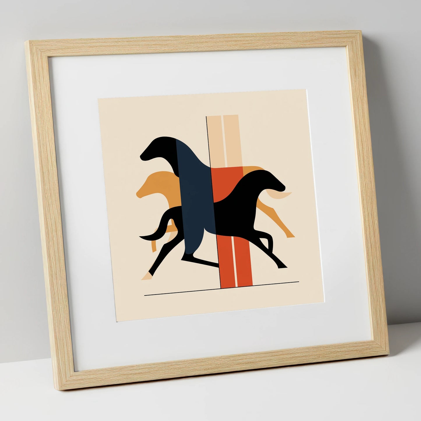 Geometric Gallop racing horse art print in natural frame