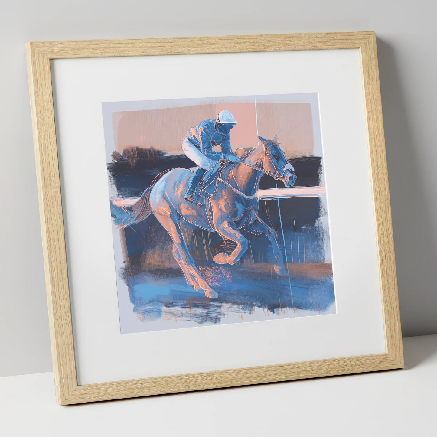 Cobalt Stride racing horse art print in natural frame