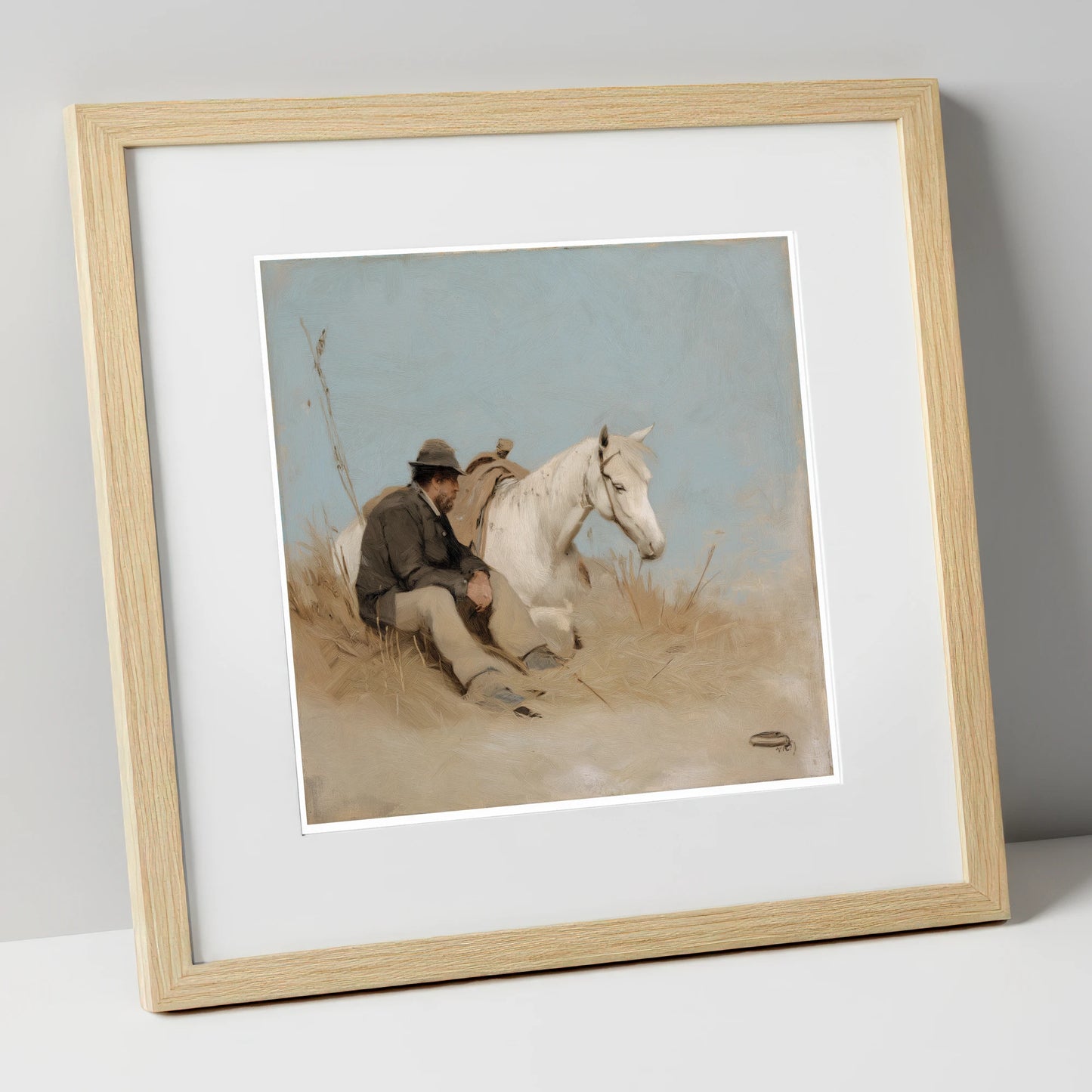 The Journey's Pause horse & rider art print in natural frame