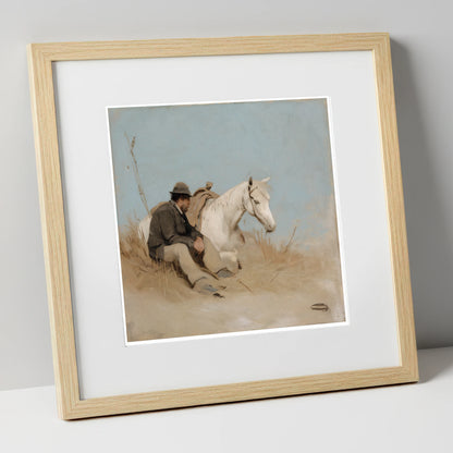The Journey's Pause horse & rider art print in natural frame