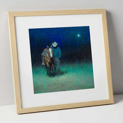 Under the Western Moon western horse art print in natural frame
