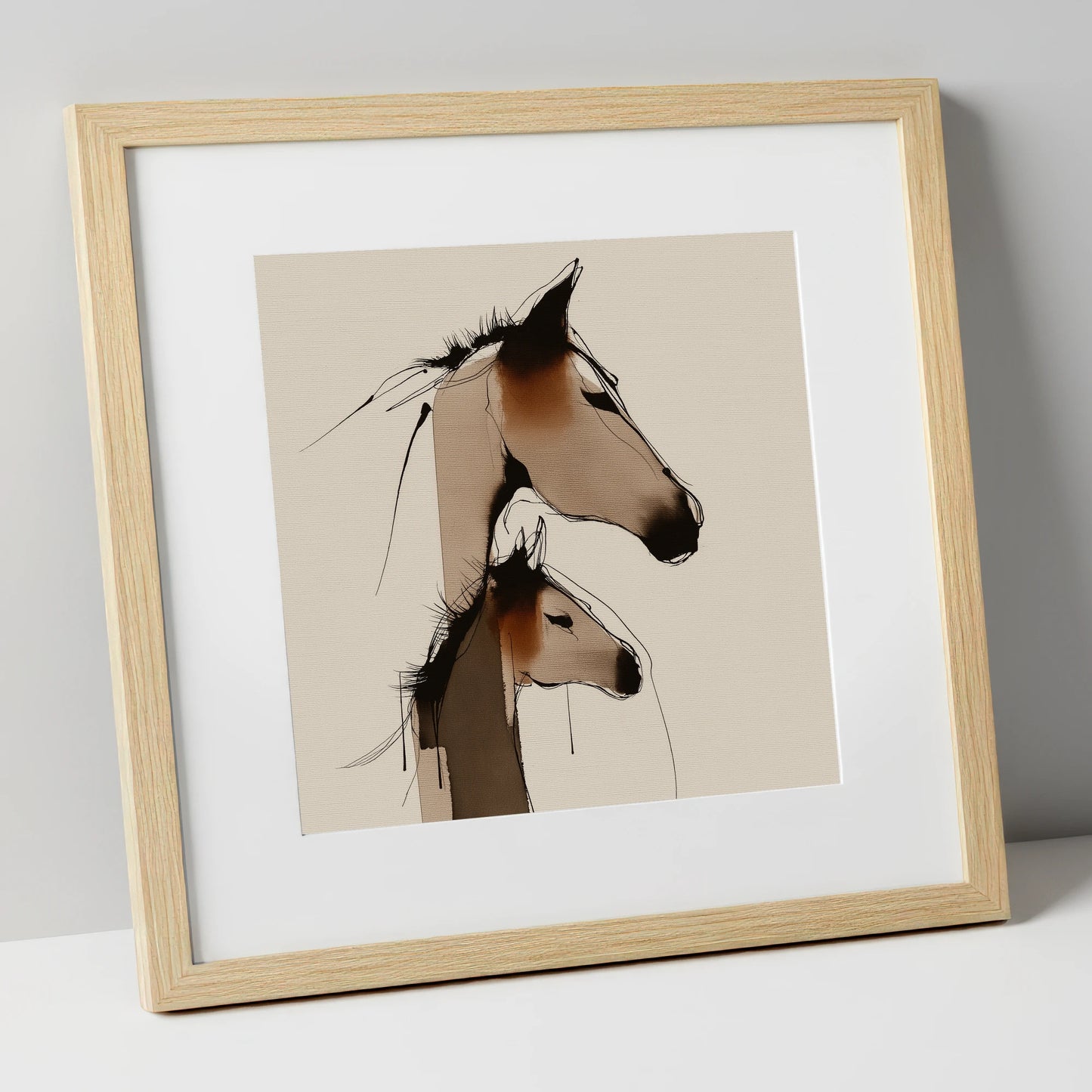 Tender Sepia Bond mare & foal art print in natural frame