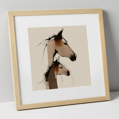 Tender Sepia Bond mare & foal art print in natural frame