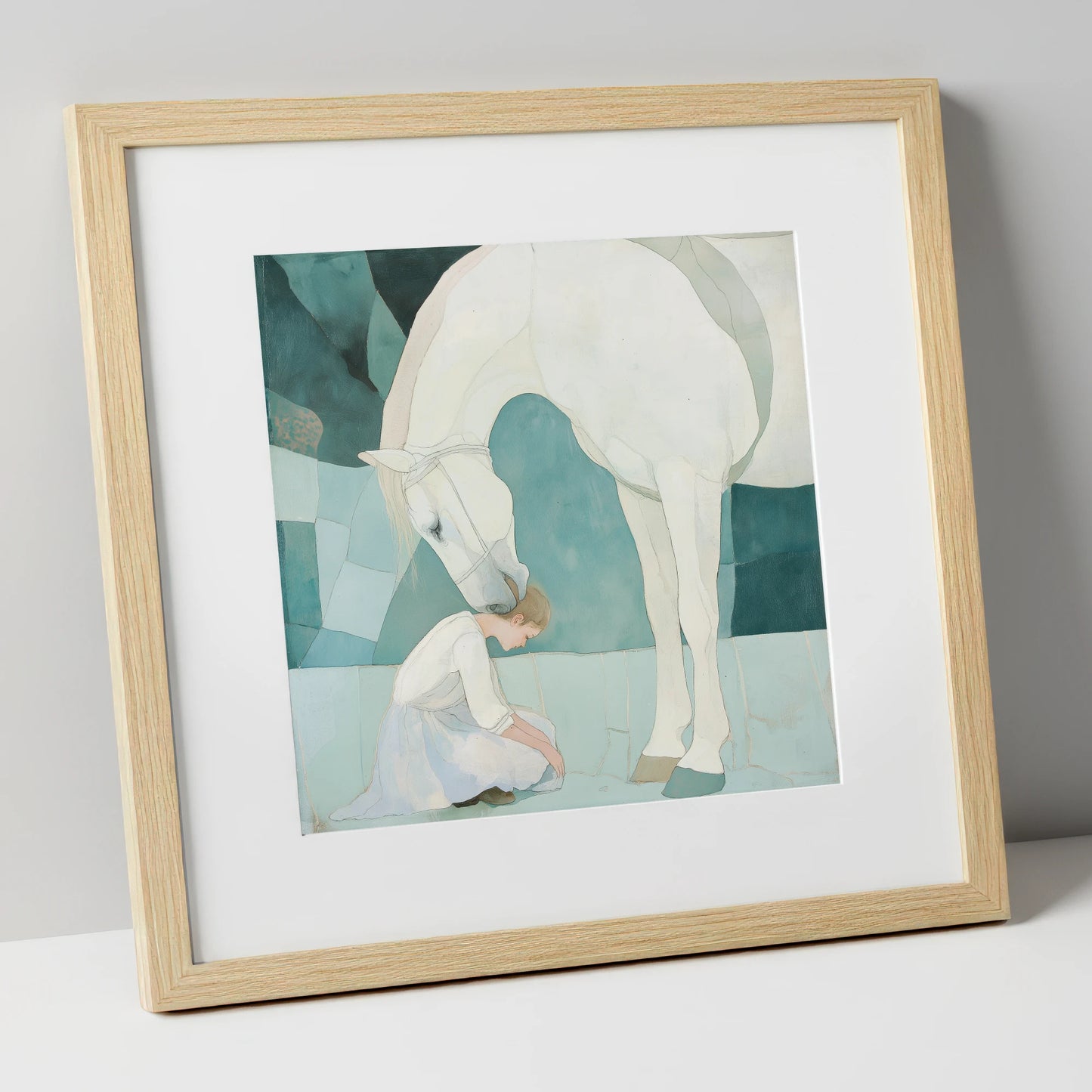 The Gentle Guardian horse & rider art print in natural frame