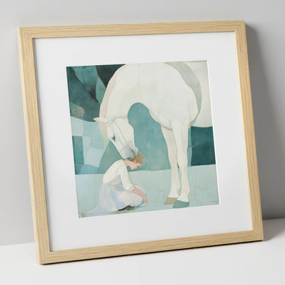 The Gentle Guardian horse & rider art print in natural frame