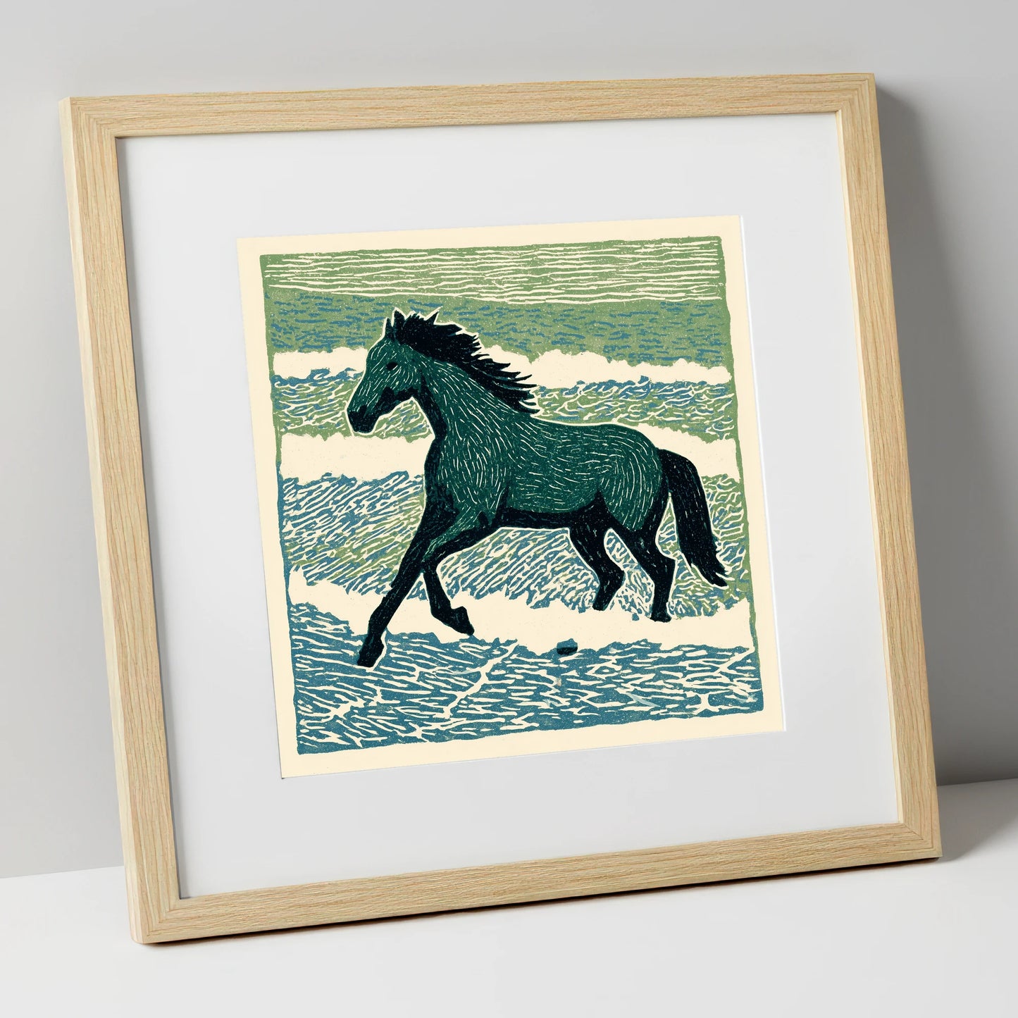 Surf and Stride beach horse art print in natural frame