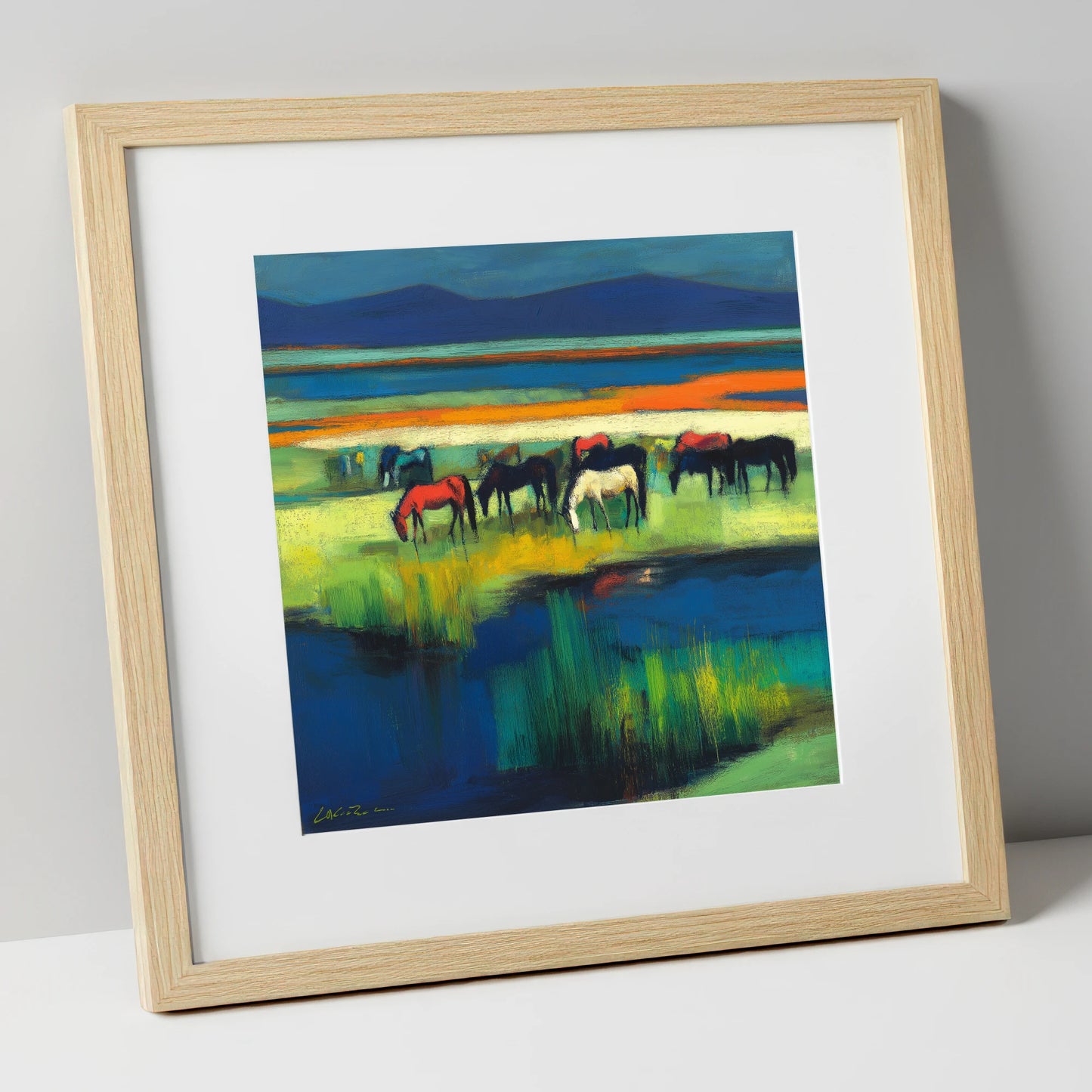 Vibrant Grazing Herd wild horses art print in natural frame