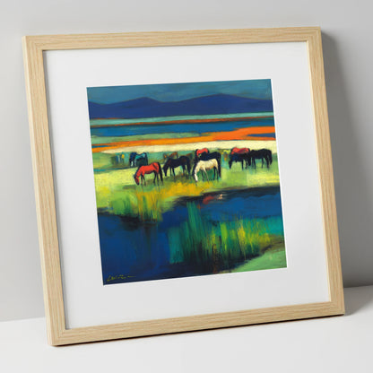 Vibrant Grazing Herd wild horses art print in natural frame