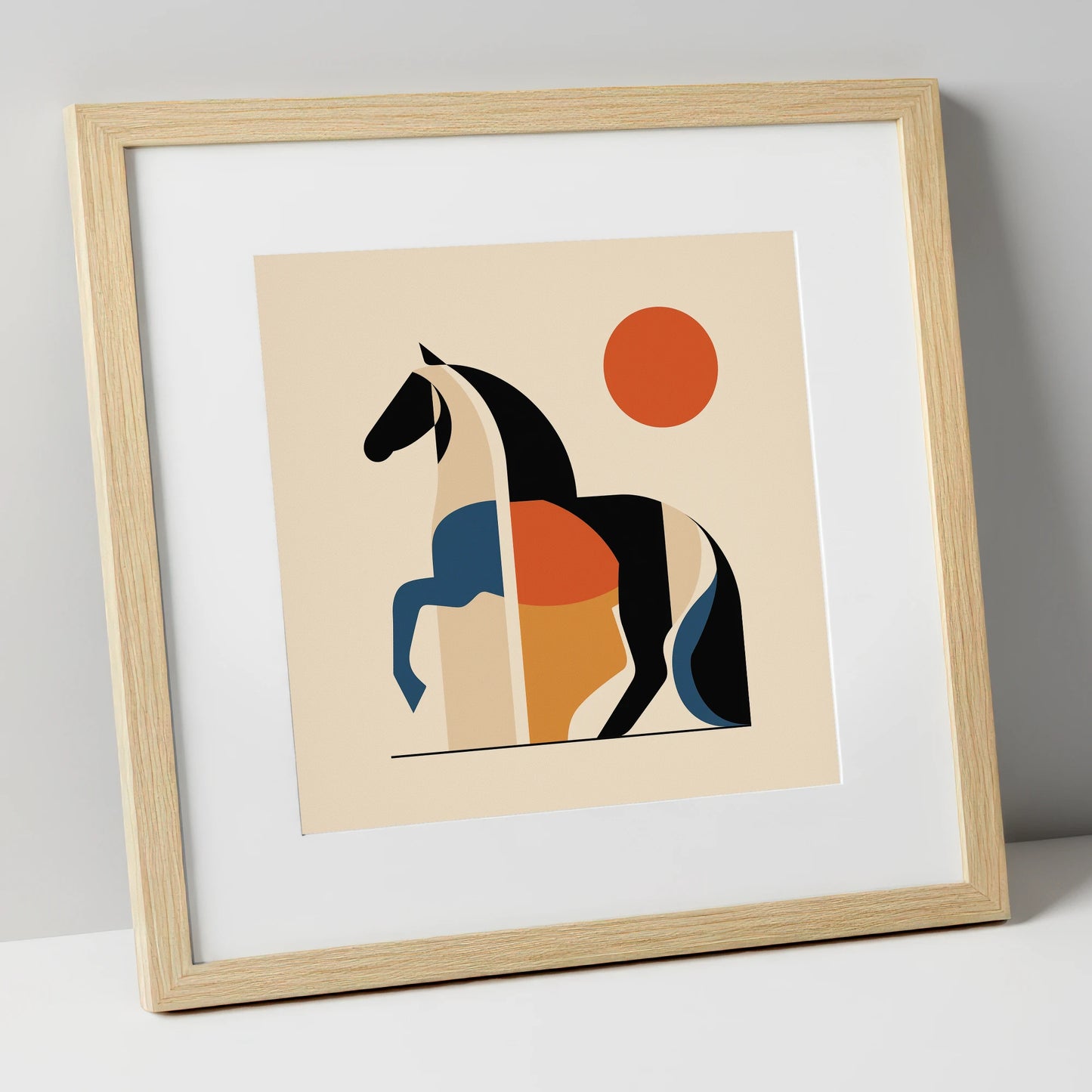 Mid-Century Equine Geometry horse portrait art print in natural frame