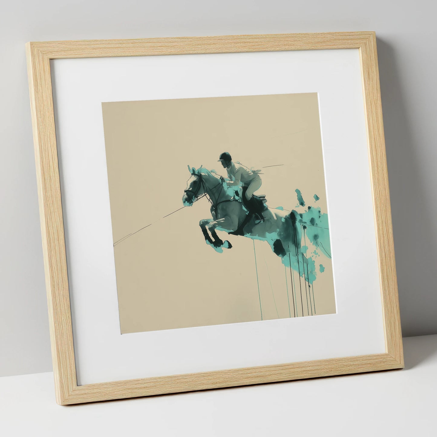 Suspended In Teal show jumping horse art print in natural frame