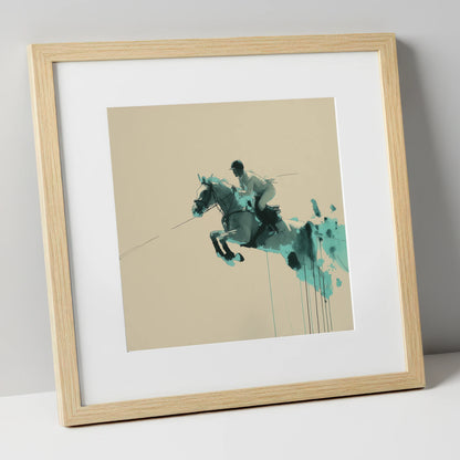 Suspended In Teal show jumping horse art print in natural frame