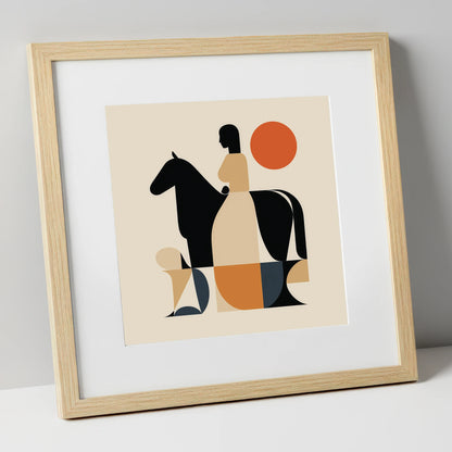 Harmony in Silhouette horse & rider art print in natural frame