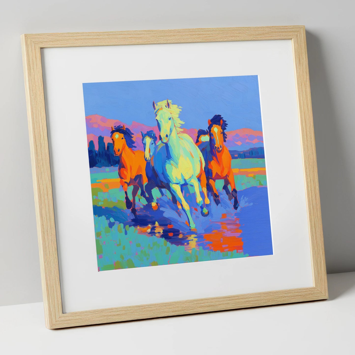 The Vivid Gallop wild horses art print in natural frame