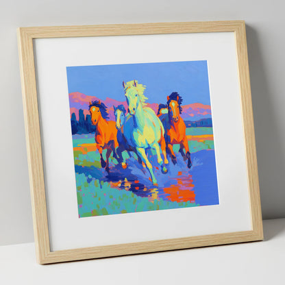 The Vivid Gallop wild horses art print in natural frame