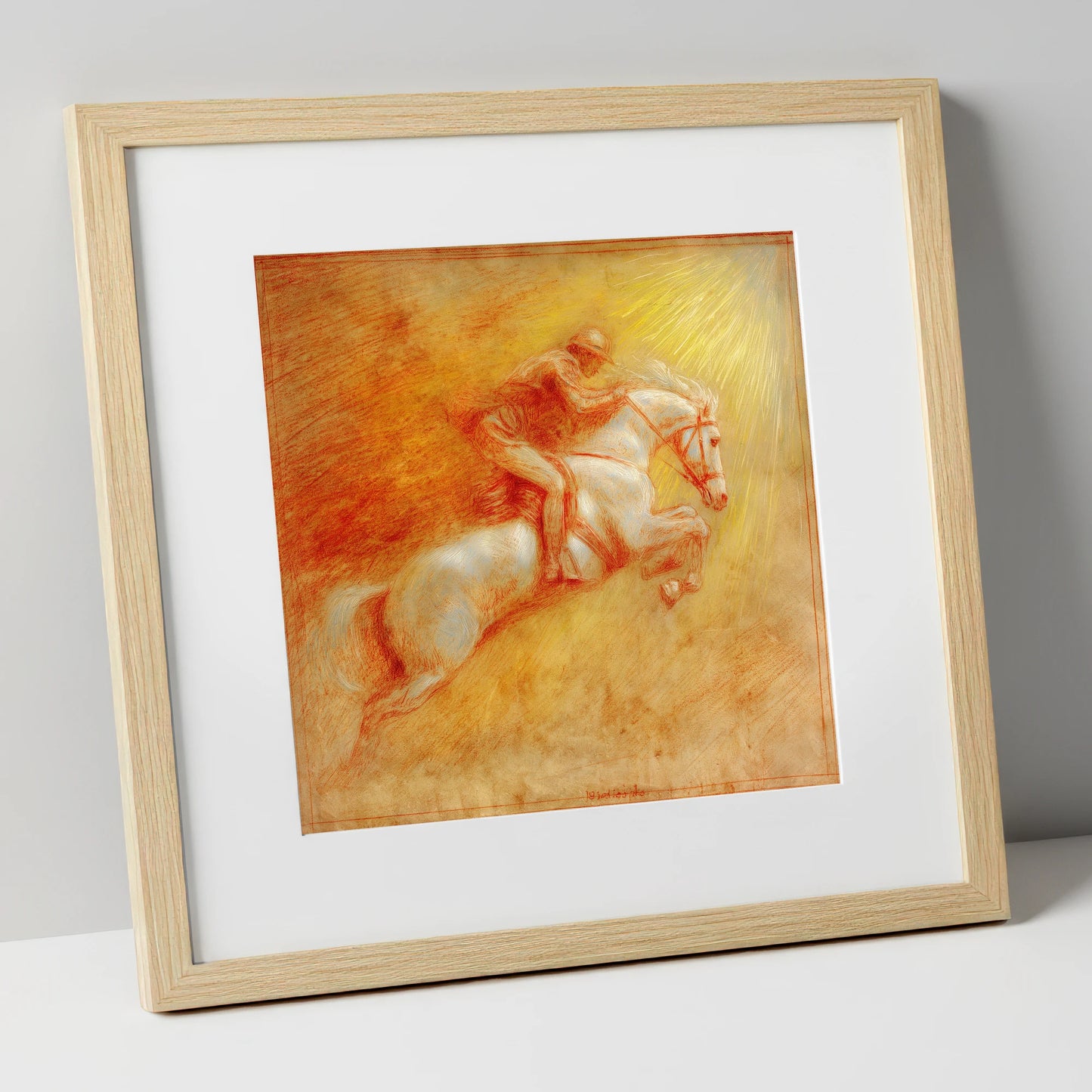 Ascent Into Light show jumping horse art print in natural frame