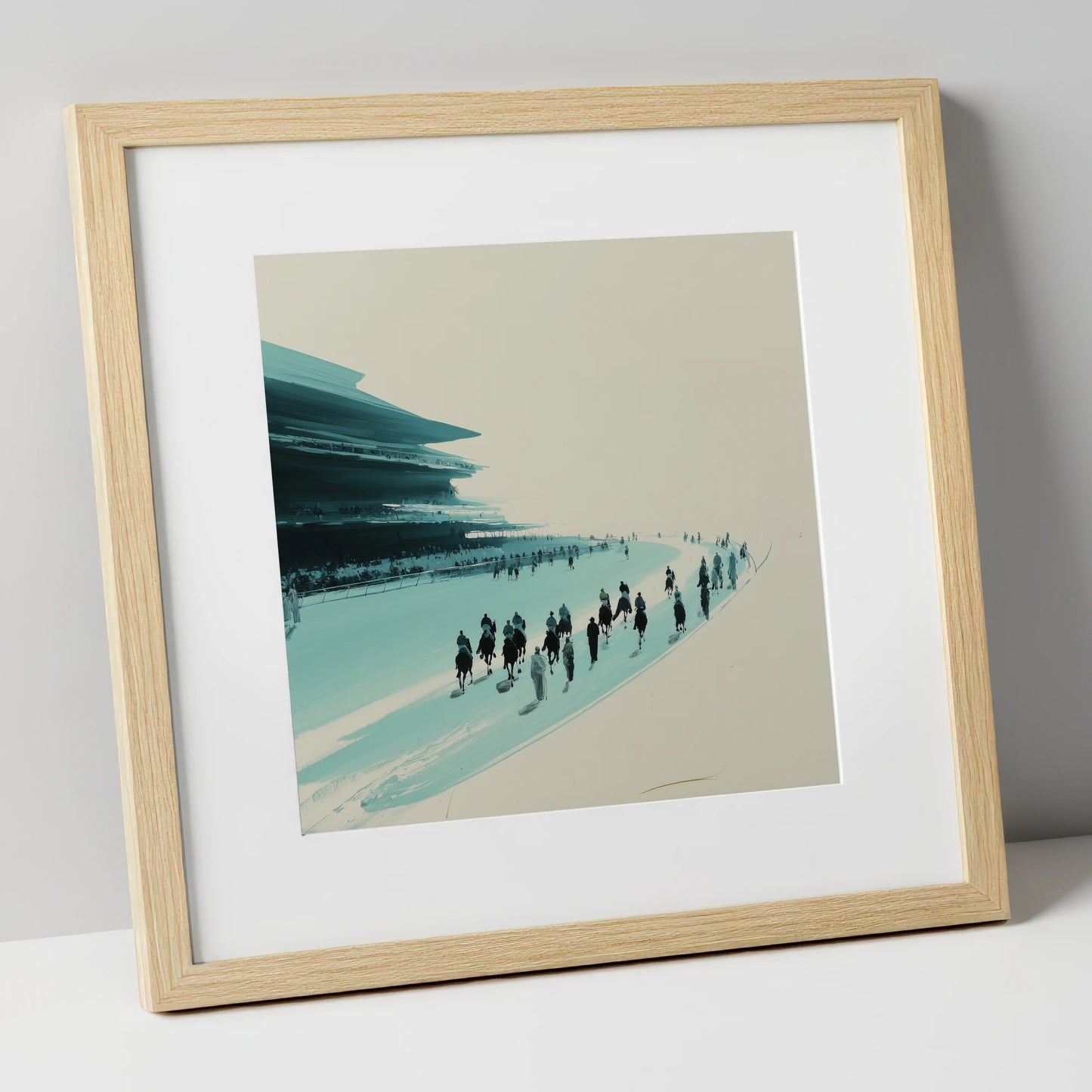 The Final Curve racing horse art print in natural frame
