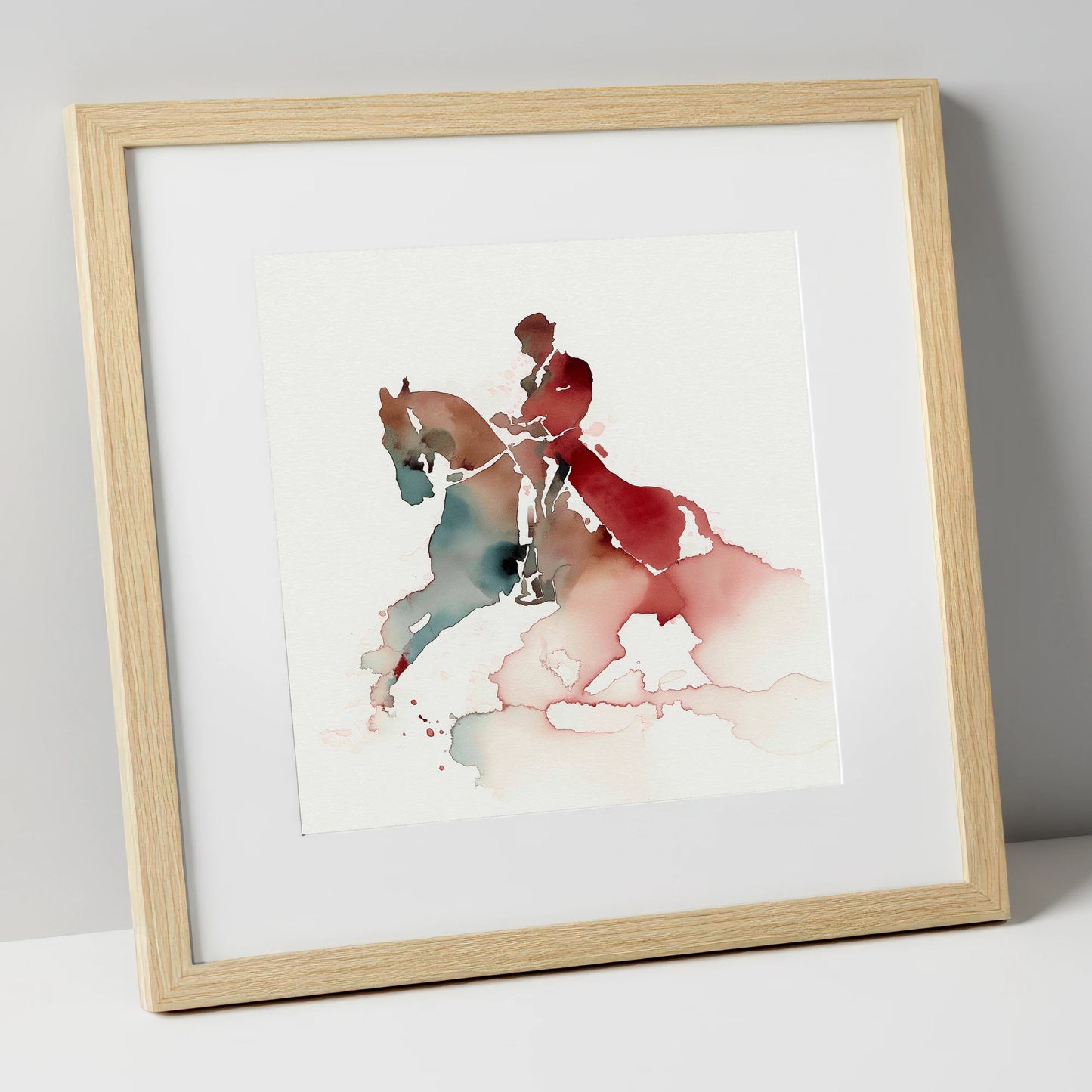 Crimson Passage dressage horse art print in natural frame