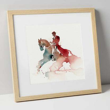 Crimson Passage dressage horse art print in natural frame