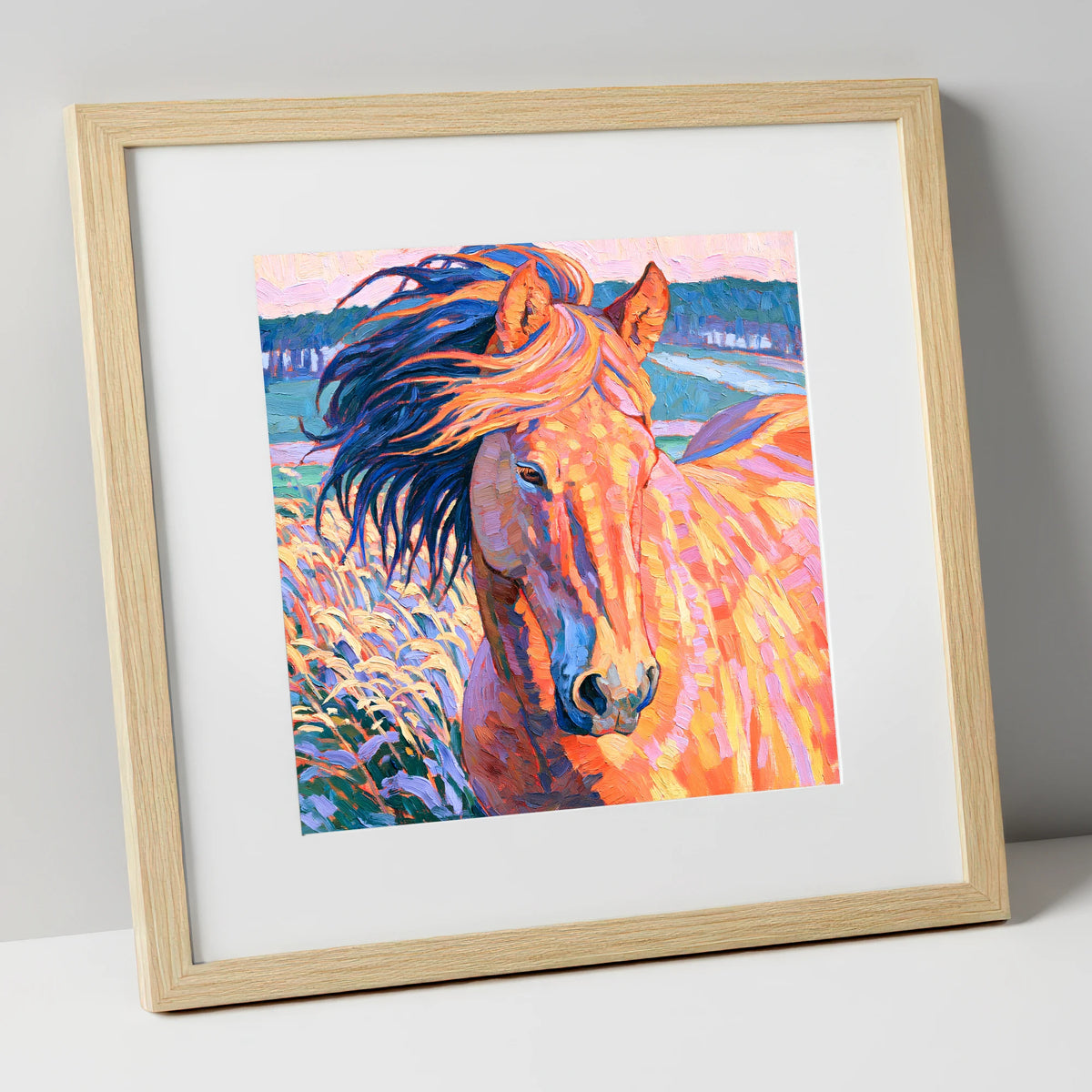 Vibrant Windblown Horse Portrait horse breed art print in natural frame