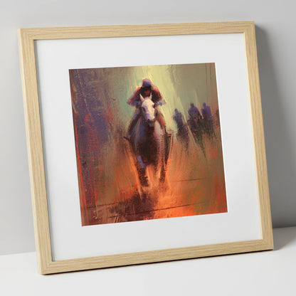The Home Straight racing horse art print in natural frame
