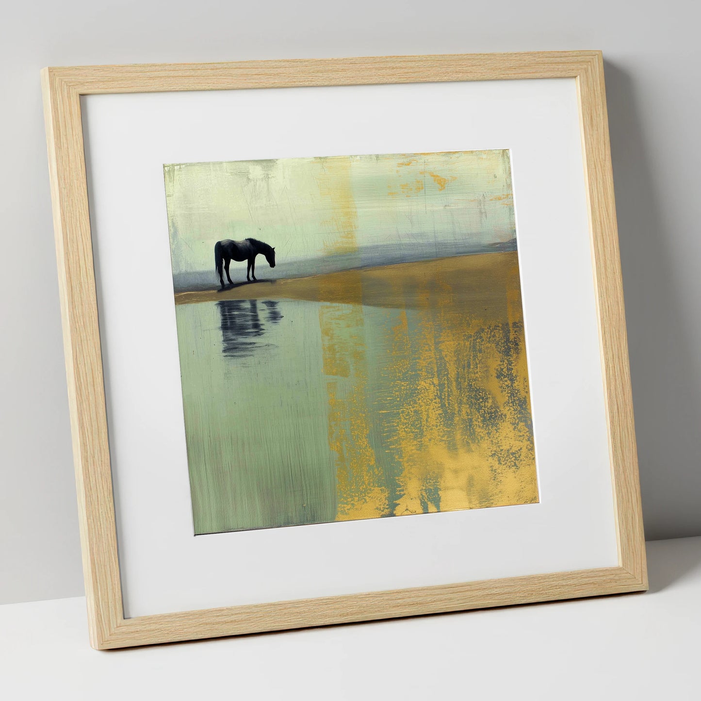 Gilded Solitude horse landscape art print in natural frame