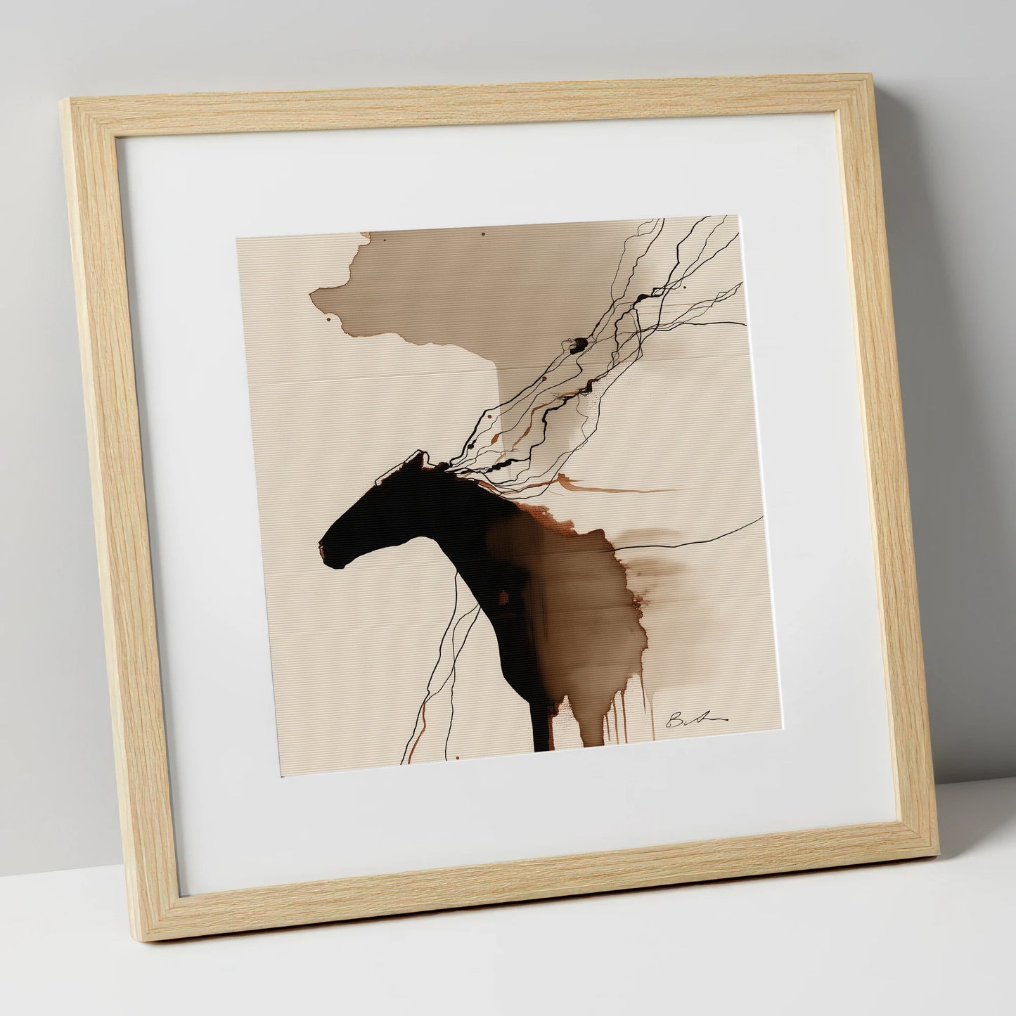 Fluid Sepia Silhouette horse portrait art print in natural frame