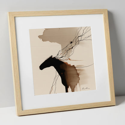 Fluid Sepia Silhouette horse portrait art print in natural frame