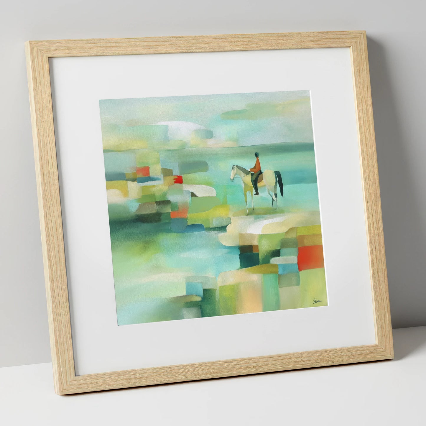 Geometric Shoreline Rider beach horse art print in natural frame