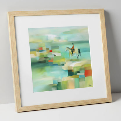 Geometric Shoreline Rider beach horse art print in natural frame
