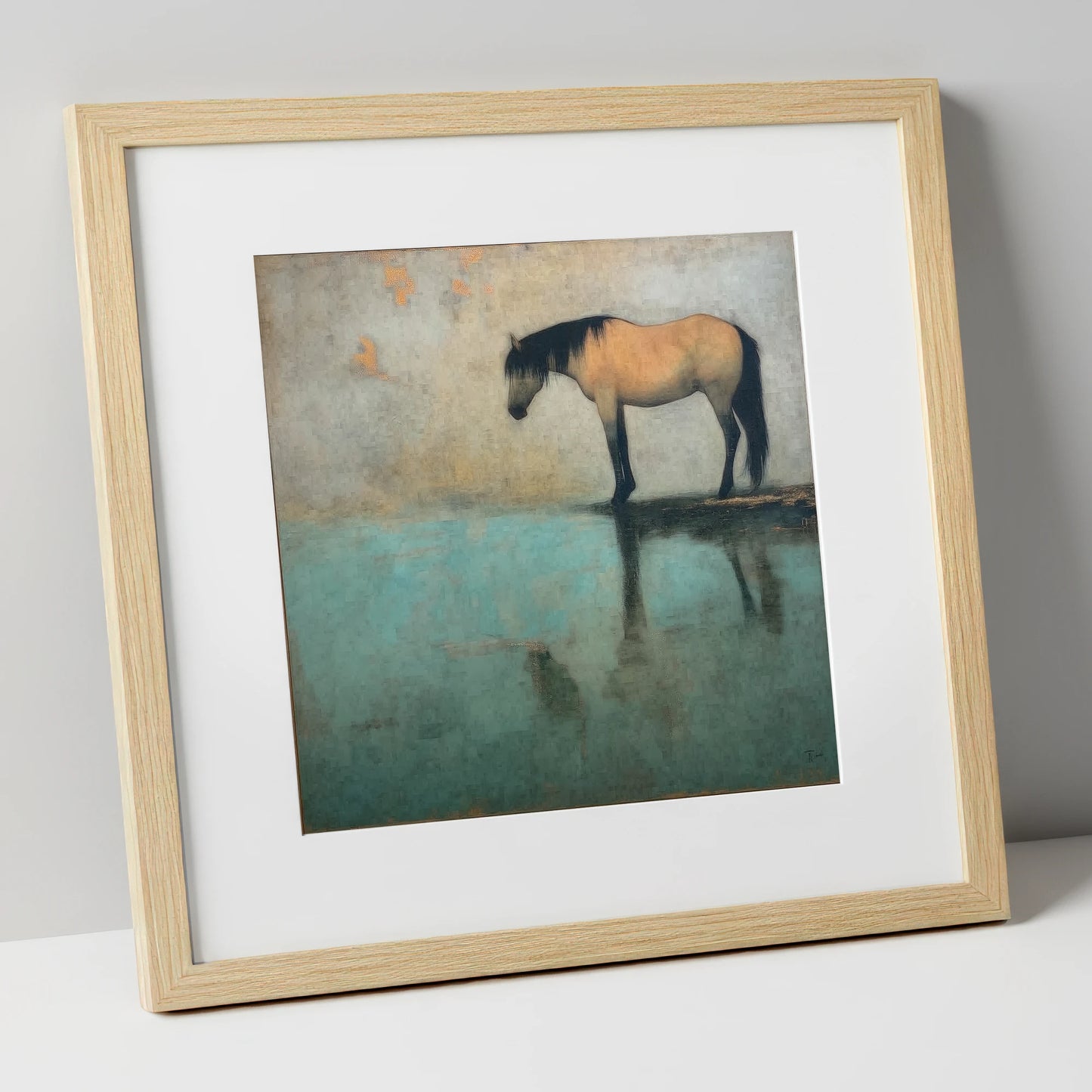 Tranquil Waters Reflection horse landscape art print in natural frame