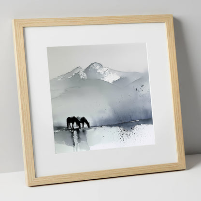 Mountain Mist Reflections horse landscape art print in natural frame