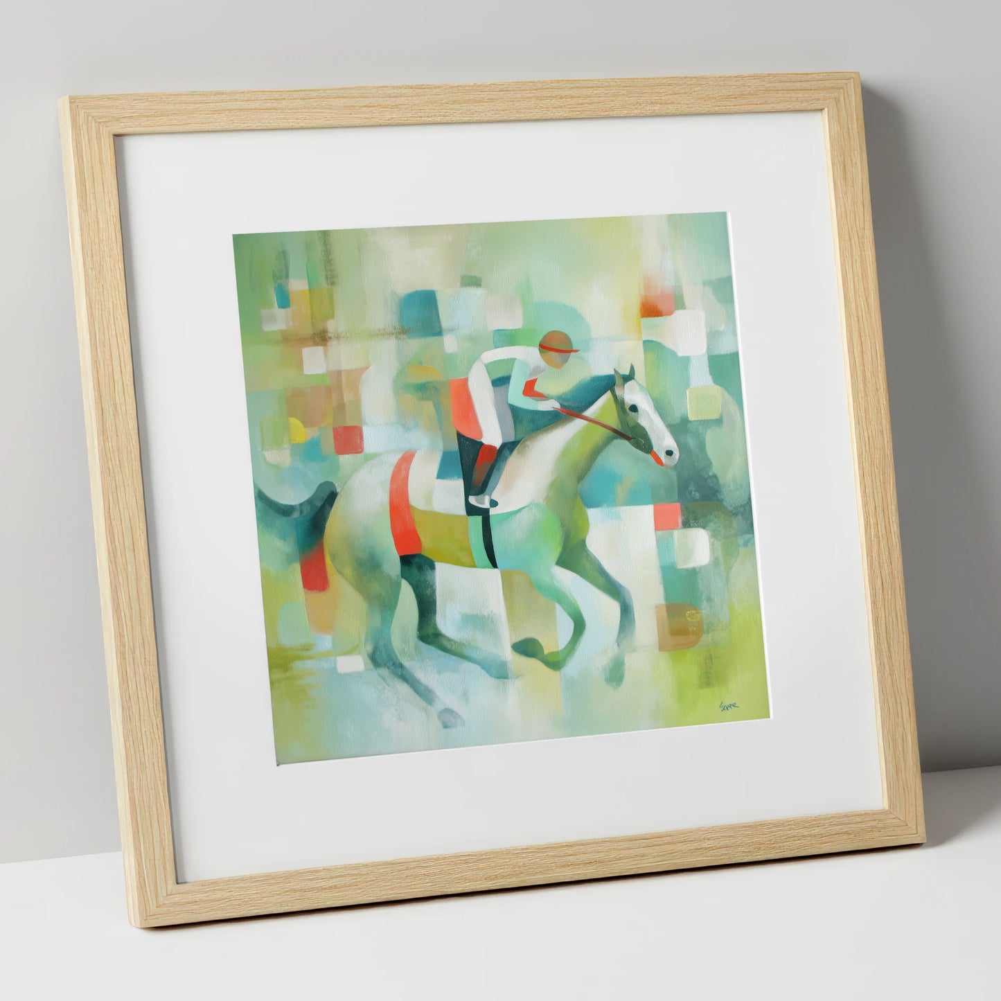Geometric Gallop racing horse art print in natural frame