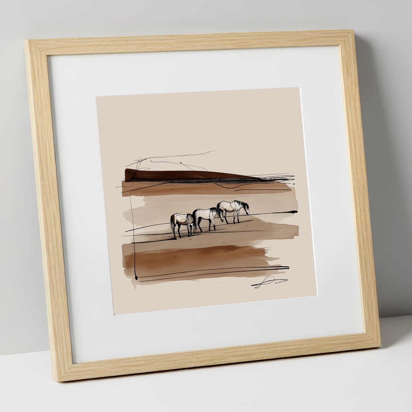 Minimalist Sepia Herd wild horses art print in natural frame