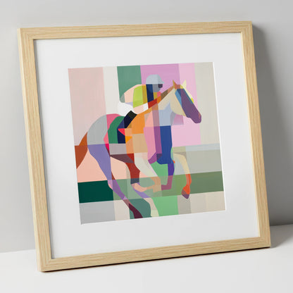 The Prismatic Gallop racing horse art print in natural frame