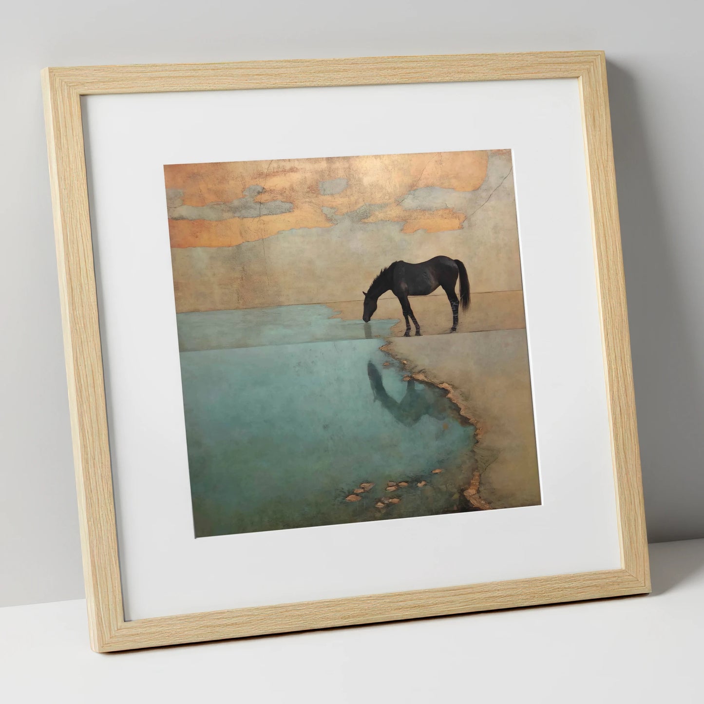 Golden Shores Reflection horse landscape art print in natural frame