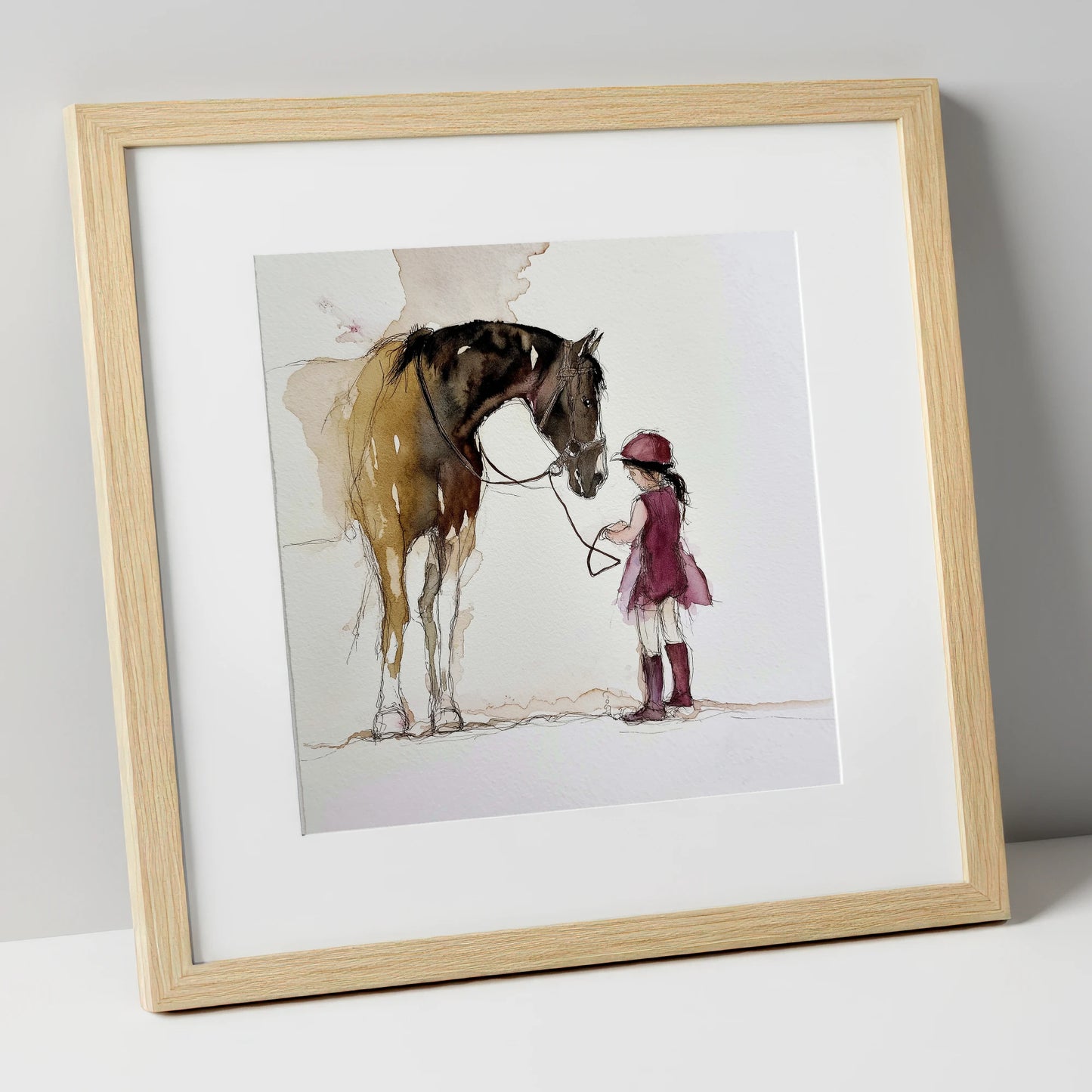 A Gentle Bond horse & rider art print in natural frame