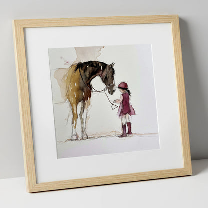 A Gentle Bond horse & rider art print in natural frame