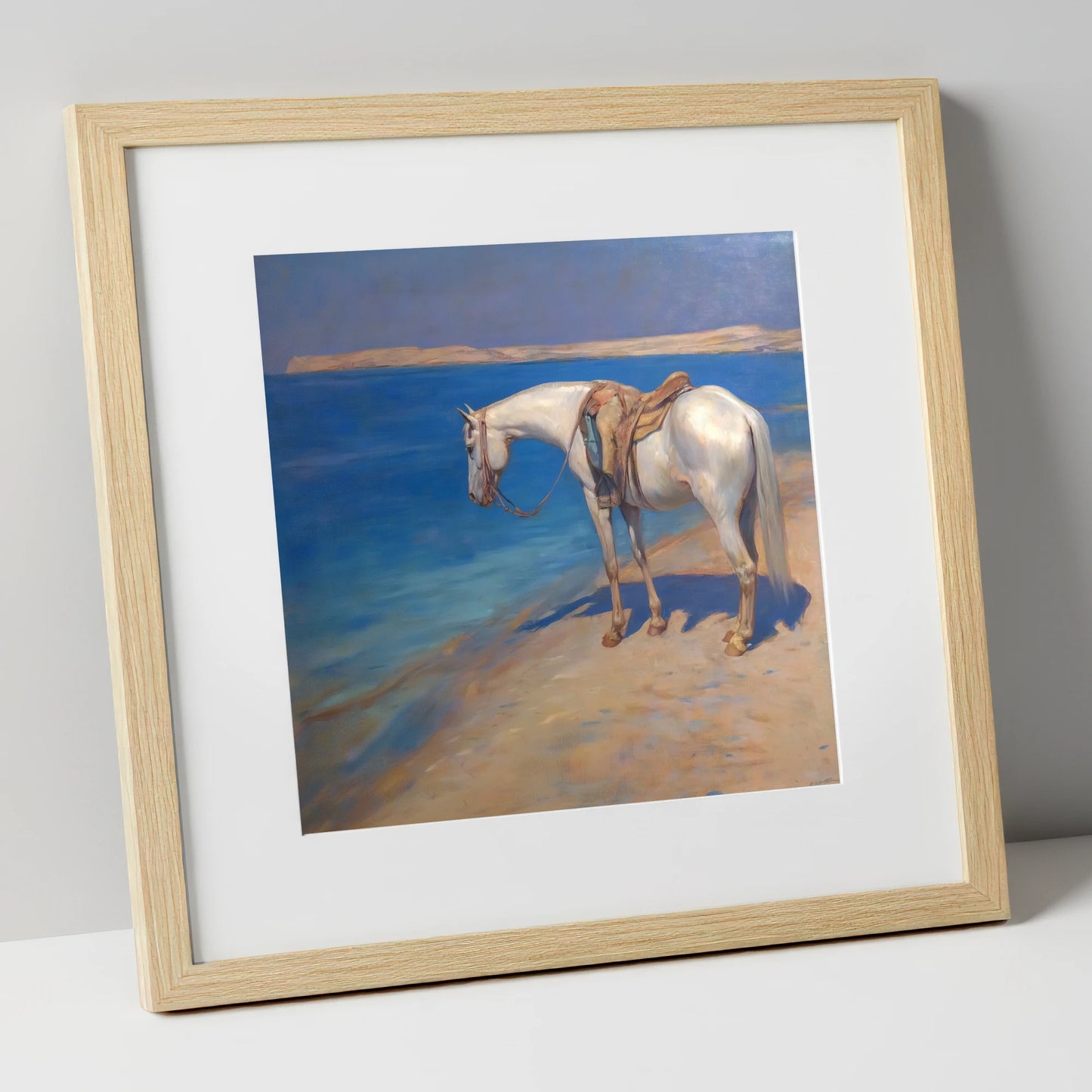 The Patient Grey horse landscape art print in natural frame