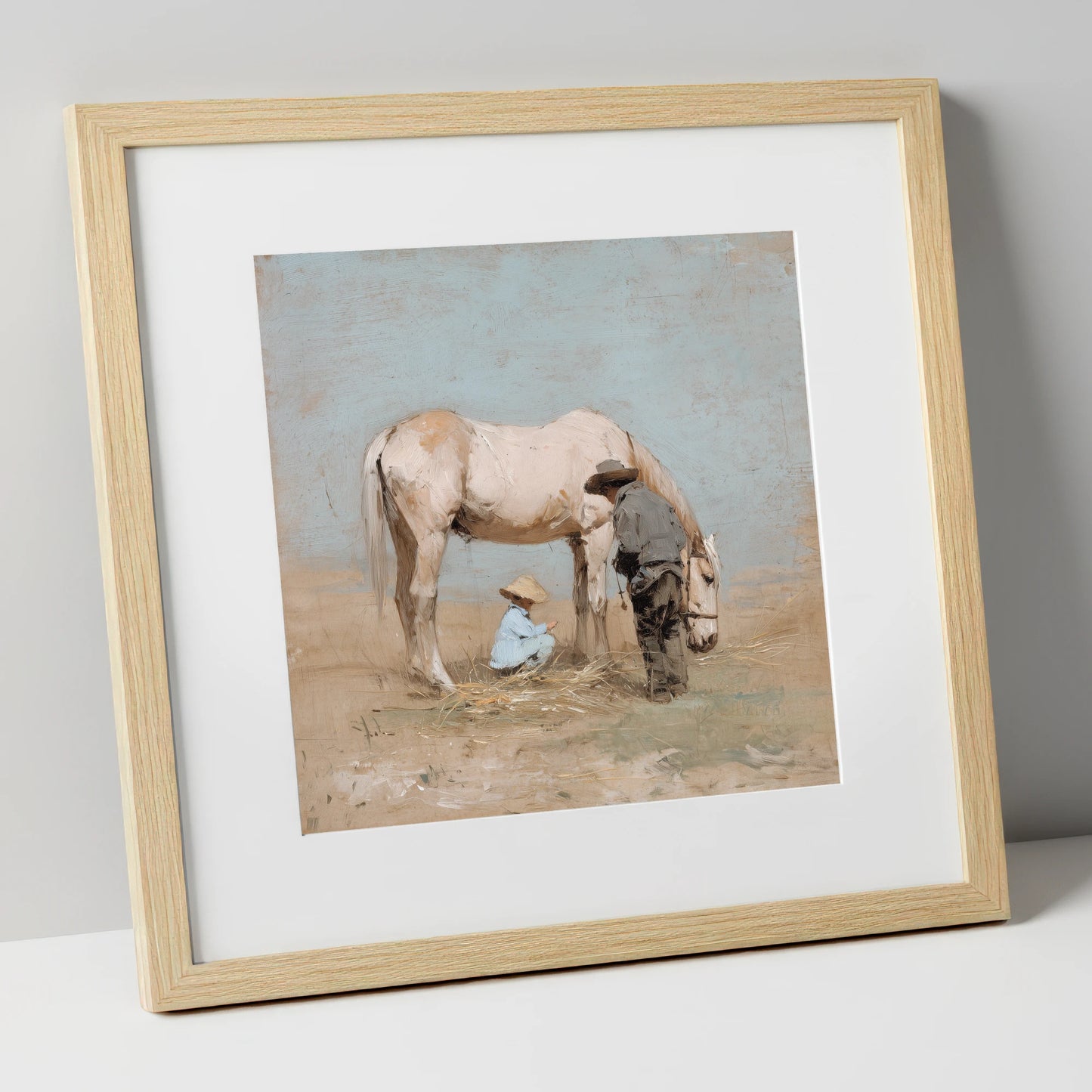 Sunlit Companions horse & rider art print in natural frame