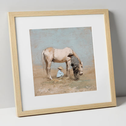 Sunlit Companions horse & rider art print in natural frame