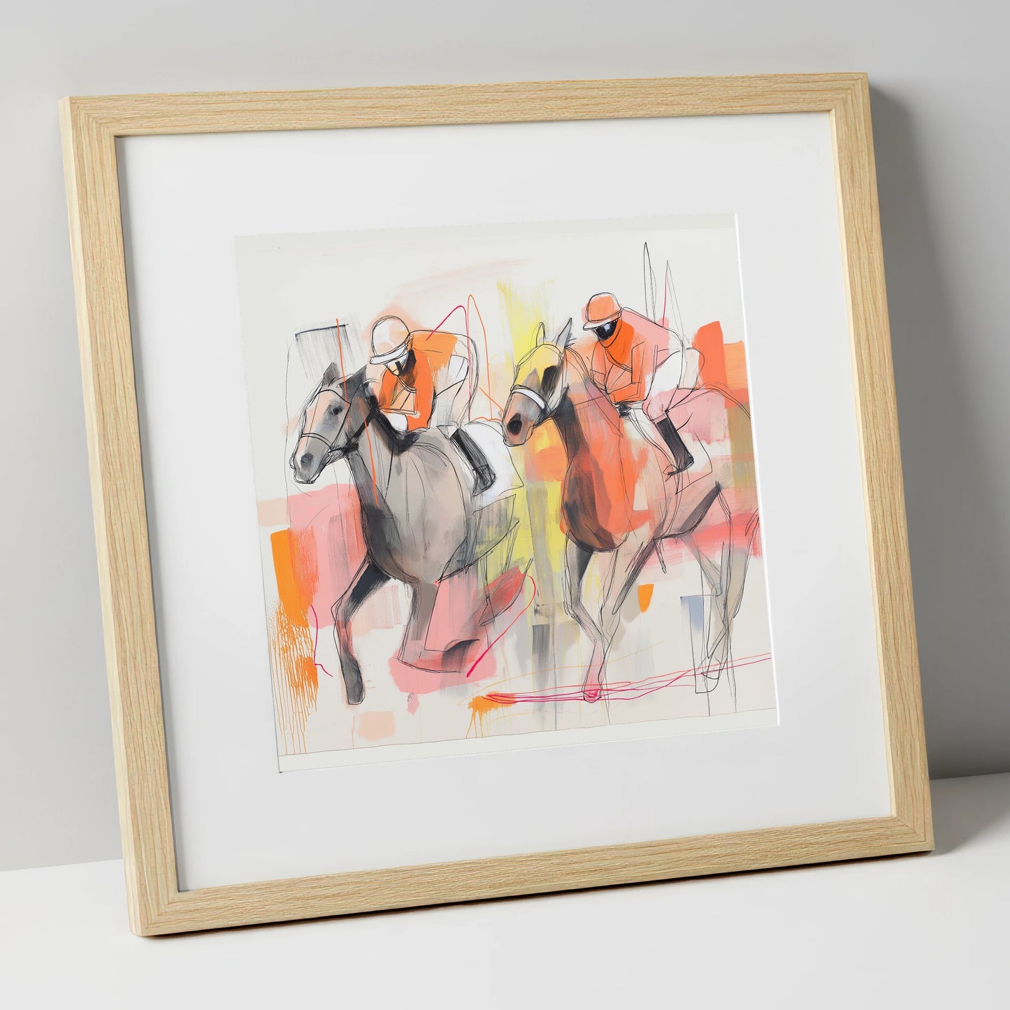 Vibrant Pursuit racing horse art print in natural frame