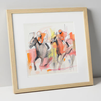 Vibrant Pursuit racing horse art print in natural frame