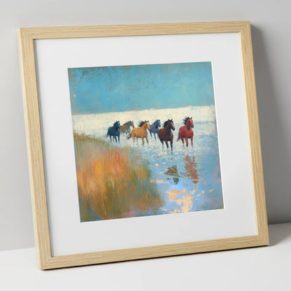 Through the Shallows wild horses art print in natural frame