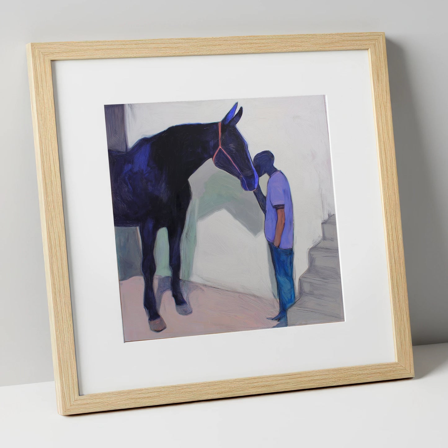 Silent Communion horse & rider art print in natural frame