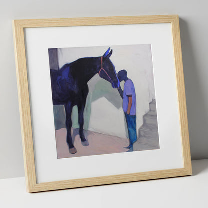 Silent Communion horse & rider art print in natural frame