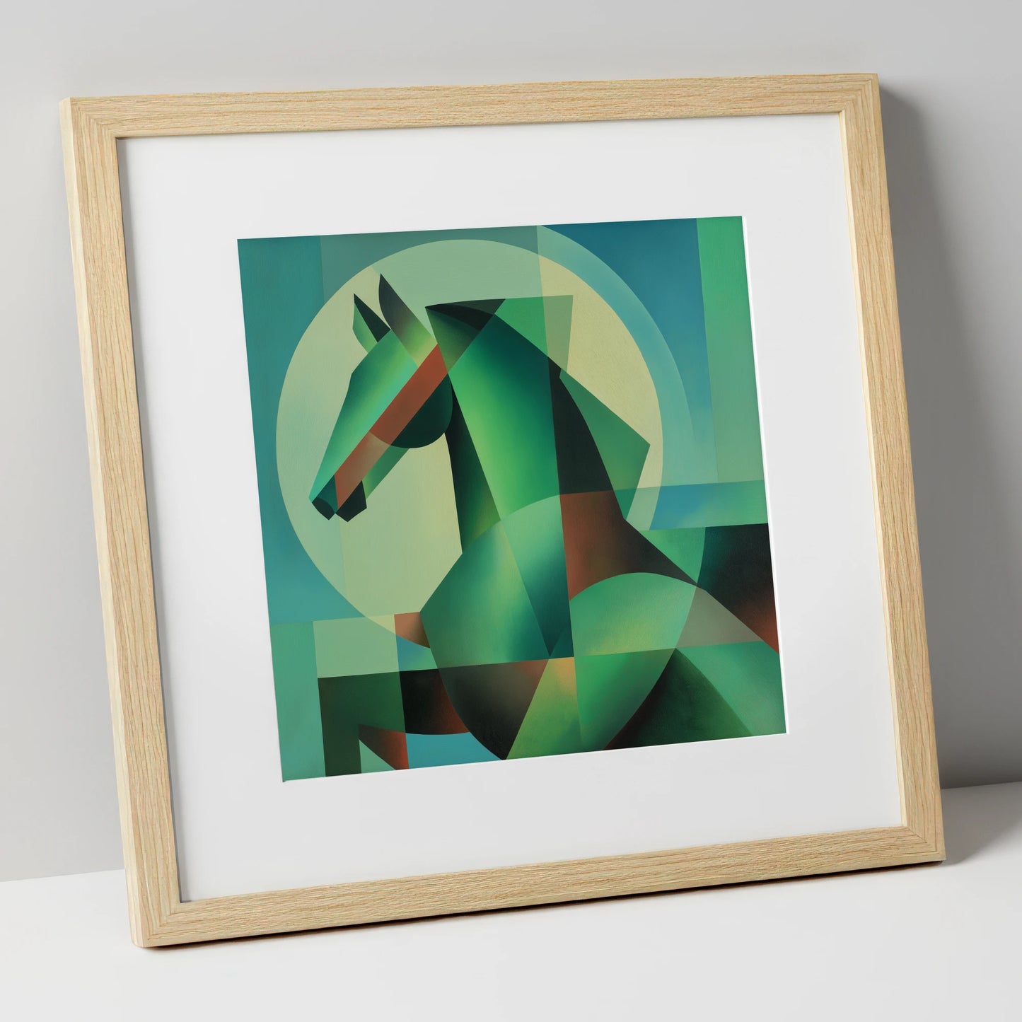 Geometric Emerald Profile horse portrait art print in natural frame